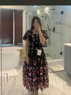JessaKae Black Midi Dress with Pink Floral Print